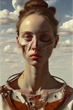 a painting of a young beautiful woman, by lucian freud, textured, anatomically correct, beautiful perfect face, sharp focus, highly detailed. beautiful desolate background. the royal tenenbaums aesthetic