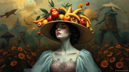 there is a woman in a dress and a hat with fruit on her head, inspired by Arik Brauer, surrealistic digital artwork, inspired by andrey ryabovichev, abstract surrealism, beautiful digital artwork, inspired by Ignacy Witkiewicz, inspired by Darek Zabrocki, stunning digital art, surreal digital art, gorgeous digital art