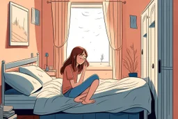 Ilustrasi Seorang gadis duduk di atas tempat tidur kamarnya di sore hari dengan napas terengah engah. Sedikit gelap