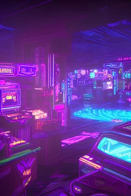 A dark photo of a full panoramic view an 80's aesthetics arcade at night, with a lot of functioning arcade machines, a vaporwave floor and some colorful tiles in between the floor. Purple aesthetics.