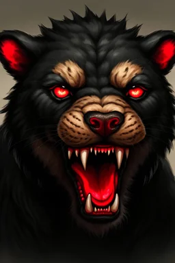 Sabre tooth with black fur and red eyes with canines poking out