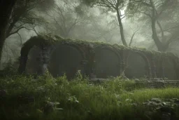 Ancient crypt in a lush green forest, fantasy, day time, light, mystical