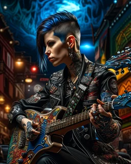 "Midnight Serenade unique" low view angle shot down village road , large close up a beautiful young woman with a tattoos and punk style hairstyle wearing a cool black leather jacket like rocker style and holding a guitar, granite terrazzo motifs with puzzle modern clothing is decorated with colorful filigree abstract, Collage chutes papiers magazines,Spirograph background by Nisa Kiley, Textile Artist