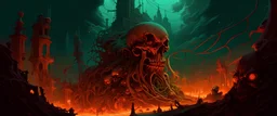 sinister skull-headed masses of tendrils with viscera and remnants of civilization. The color temperature is warm, with hints of neon lights illuminating the surroundings.