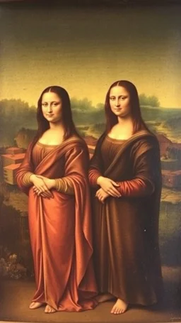 Leonardo da Vinci Mona lisa standing side by side in a painting