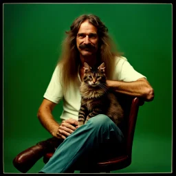 Awkward portrait Photo, 40 years old sitting on chair, weird smiling, long 1970 hippie hair and mustasch, bland polaroid camera, holding a cat