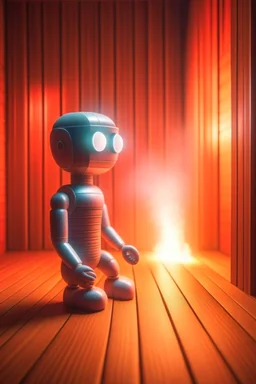 cute chat robot in the sauna, its such a perfect day i am glad i spent it with you, motion blur, smoke, 4k, downlight, soft light, depth of field, photorealism, trending on art station