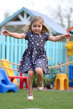 a pretty 5 years old girl with blue eyes and nice dress and shoes jump roping in children play garden