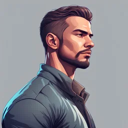 A man with masculine and strong features represents a successful, strong and unbreakable mentality ,Side shot of face and body , single man ,high quality , 8k , good background with nice color and calm color , in digital illustration style