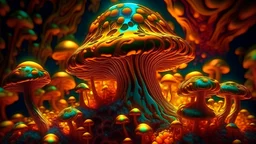 psychedeliC, PETER MAX STYLE, MUSHROOM, picture of a BEAUTIFUL,, , cinematic, highly detailed, 4k, deep colors, gold, fire,, metal,, ethereal, utopia , ARTIFICIAL INTELLIGENCE,,
