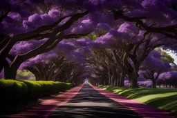 DETAILED PHOTOGRAPH OF BLOOMIMG COLOURFUL jacaranda trees on both sides in a WIDE tarred ROAD with flowers a, dark shadows foliage on both sides byJenny Boon