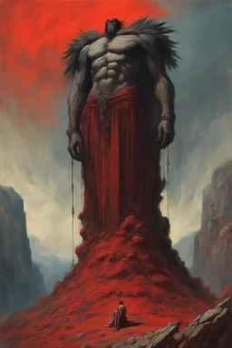 dramatic medium brush stroke matte oil painting, cursed Prometheus the Titan god chained to the top of a mountain where vultures circle, Dramatic, complex contrast, dynamic composition, expansive, Greek Mythology, focused, red hues, by Zdzislaw Beksinski and Jim Dine