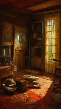 Very old stuff in a room, wide angle view, nostalgia, '50 style, artistic but realistic rendering, Max Ernst