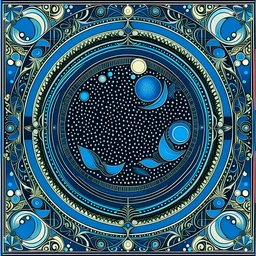 design with border blue tones large moon stars style of art deco