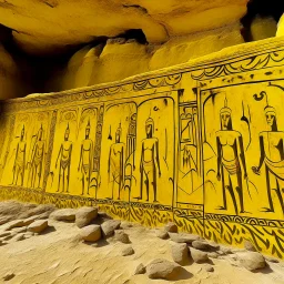 Yellow ruins with spirits designed in ancient Egyptian hieroglyphics painted by Zosan