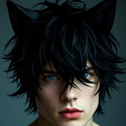 A man with messy black hair, black cat ears on his head, blue eyes.