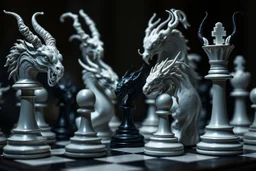 all chess pieces fantasy and mystic creatures heads and bodies are white and black, and they are arranged on the board in a way that suggests a game is in progress. stunning, intricate detail, sharp focus, intricate details, HDR, beautifully shot, hyperrealistic, sharp focus, 64 megapixels, perfect composition, high contrast, cinematic, atmospheric, moody