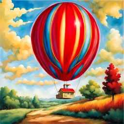 fantasy 90's tcg art of a red balloon with a strange face floating in the sky