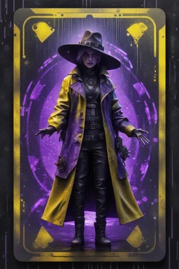 sacred geometry framed playing card, black, yellow and purple noen cyber punk dancer thief in soaked rain coat and cowboy witch hat shadows boss card in the style of Giger and fallout 4 ,,bokeh like f/0.8, tilt-shift lens 8k, high detail, smooth render, down-light, unreal engine