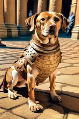 perro salchicha marrón con manchas hergido en dos patas como un ser humano imitando un guerrero romano peleando en el coliseo romano