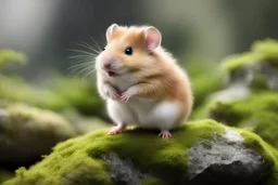Adorable hamster stands on its hind legs atop a lush moss covered rock