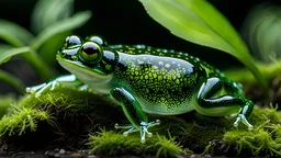 The living fungal glass frog is a mesmerizing, earth art creature, its fungal fractal pattern glass skin adorned with intricate, luminescent mossy scrollwork that accentuates its earthen colors in a glass art kaleidoscope. Shimmering moss and translucent spore accents decorate the skin, revealing a fractal map of tiny cracks that shift gracefully as it moves. Delicate bioluminescent fungi structures extend from the cracks, creating an otherworldly, illuminated appearance. With large, expressive