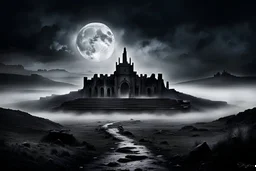 (BIG silver moon 1) perfect circe, over the dark , mystic land, white fog, dark colors, empty landscape, in the distance ruins, srtange, sinister , dark fantasy