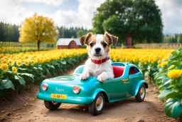 Here is the translation to English: "A beautiful dog with a boy-like face sittin in a toy car in a flower and tree farm"