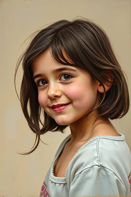 A five-year-old Palestinian girl with a beautiful face, turning her face slightly to the right, smiling slightly, her mouth closed, not showing her teeth, her eyes looking to the left, she looks drawn with oil paints