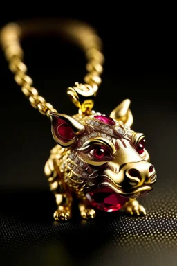 A pendant for a necklace, a big sitting Pumbaa from the lion king in gold with diamonds and big tusks with eyes made of ruby