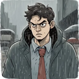 a closeup of a disgusted young man in a heavy coat during a rainstorm cartoon