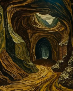 A brownish bronze cave with twisting and turning tunnels painted by Vincent van Gogh