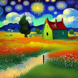 Dibujo al oleo de una pradera con una casa con muchas nubes de colores estilo Vincent van Gogh