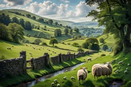 beautiful rolling hills and fields, with stone fences, small stream and sheep, of the Bakewell in England. Gorgeous lush green grass and trees.