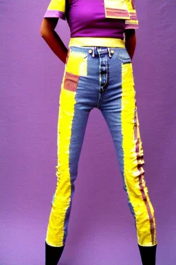 Photograph of a woman. Huge plant prints on denim,terracotta,cream,purple,lilac. Cream colored latex parts. Low waist jeans!!!Baggy, 1996!imperial yellow, red plum stripes, only on the top half of t-shirt. European daft punk woman. Mantle is sewed of recycled Denim and sewed together of recycled polymer felt. lace, Yellow(Munsell) areas. hint of orange as effect color!!Big bright purple/khaki felt tippet and cream or blue or lilac colored-hood. mantle is merged with cobalt boler