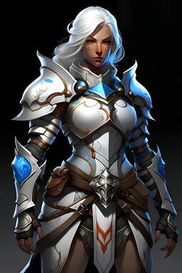 paladin woman with tan skin, wearing armor, white hair, muscular, whole body, white and blue armor