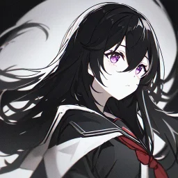 Clear focus, High resolution, rough line sketch art, long black hair, hair between eyes, fluffy hair, purple eyes, wearing a black and red sailor uniform, dark aura, 1girl