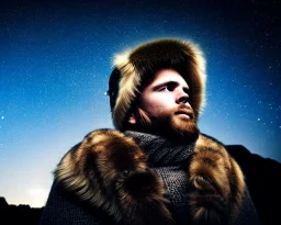 a sad and lonely viking looking up at the stars at night, hyper realistic, 8k, insane detail, atmospheric background, crying eyes, big fur coat, long braided hair, sharp focus, soft background, dynamic lighting, viking helmet, night time