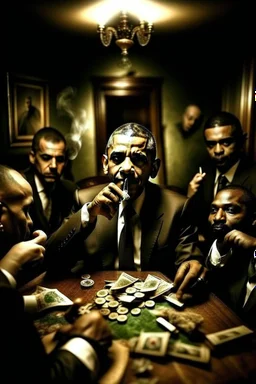 Obama and some friends smoking and playing cards, davinci. Surreal. Agony face, smile, pain scream. Fish eye lense camera. Perfect composition.