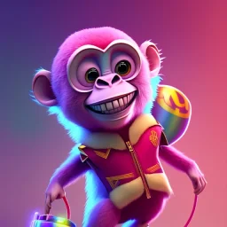 pixar style anamorphic cute monkey baby, smiling, gangsta gold neckless, full body, magenta puffer jacket, manila city backdrop, dramatic lighting, hyper-realistic, unreal engine 5, 16k. full detailed, polygon