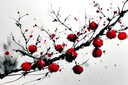 delicate Japanese Sumi-e, rose hips in the snow, pure, simple, Zen, perfect balance, white, black and red Modifiers: elegant beautiful award winning crisp quality pen and ink Delicate