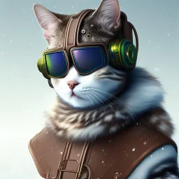 Cyberpunk Portrait of cyborg cat child with brown hair and with cute face, north pole snowy vibe , perfect composition, hyperrealistic, super detailed, 8k, high quality, trending art, trending on artstation, sharp focus, studio photo, intricate details, highly detailed, by greg rutkowski