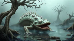 Criatura anfibia mutada con ojos lechosos y piel gelatinosa, emergiendo de un charco neblinoso rodeado de estructuras óseas que parecen crecer como árboles, en ilustración biopunk detallada.