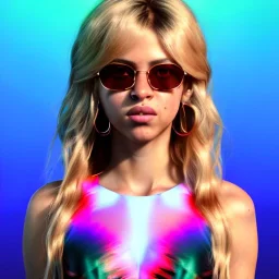 Shakira, artist, 30 years old, Realistic image, waist up portrait, etro style dress. Gucci sunglasses. Blonde, loose long hair, eyes make up, perfect, glow, circle iris. Feathers, Neon colors, leds, geometric shapes. Dark background, photo studio, neon lights. Cyberpunk, concept art, smooth, unreal engine 5, god lights, ray tracing, RTX, lumen lighting, ultra detail, volumetric lighting, 3d, finely drawn, high definition, 4k.