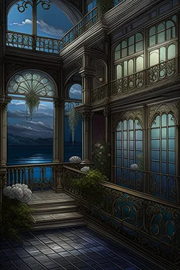 the balcony of the palace, moonlight, beautiful flowers, the surface of the water under the balcony like a mirror, mega-detailed drawing of small fine details, photorealistic drawing with colored pencil + pastel, ink, bright, botanical, fantasy, medieval atmosphere, cinematic, Art Nouveau, the camera is aimed at the object