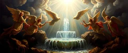 master oil painting by Rembrandt,fountain of air water angels singing, display of god rays over blessed earth