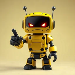 A brutal mini communication robot. frowning and smiling, eyes glowing with different colors. He's pointing his finger at you. Transmits signals. The style is futuristic. Colors: for your choice
