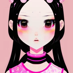 Japanese girl with big brown eyes and long black hair with bangs wearing pink clothes kawaii