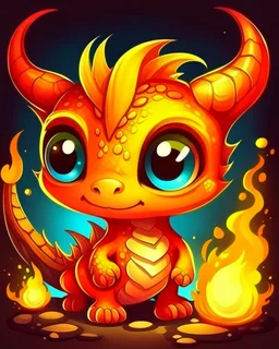 cartoon illustration: a cute little fire dragon with big shiny eyes. The dragon has big wings.