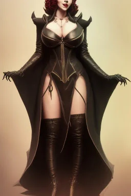 Amy Dumas as evil queen in black leather gown, evil, busty, cleavage, curvy, angry, stern look. character design by cory loftis, fenghua zhong, ryohei hase, ismail inceoglu and ruan jia. unreal engine 5, artistic lighting, highly detailed, photorealistic, fantasy